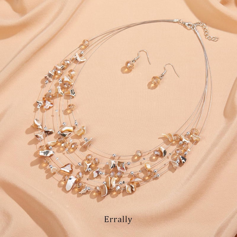 Errally Store Multi-Layer Boho Shell Beaded Necklace for Women Colorful Crystal Strand with Silver Beads Statement Collars Necklace and Earrings Costumes Jewelry Sets for Women - Image 2